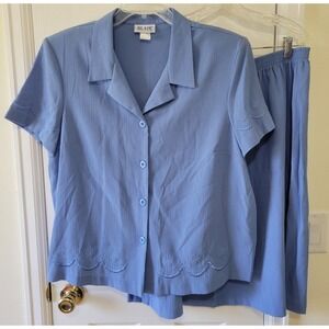 Vintage Blair Skirt Suit Size XL Blue Embroidered Short Sleeve Elastic Waist